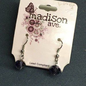 Dangle Pierced Earrings Dark Purple Faceted Oval Silver Hook Classic Retro BoHo